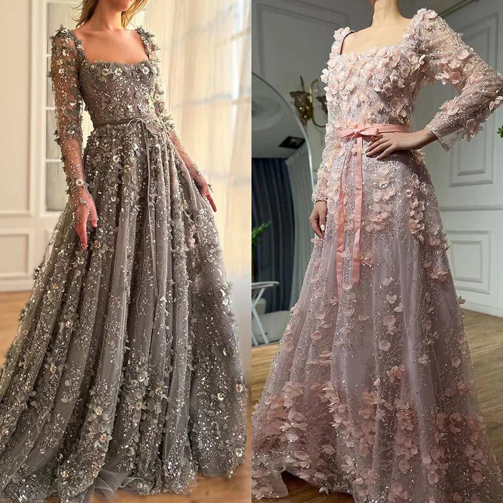 Luxury Arabic Gray A Line Elegant  3D Flower Evening Dress Long Sleeve LA72657