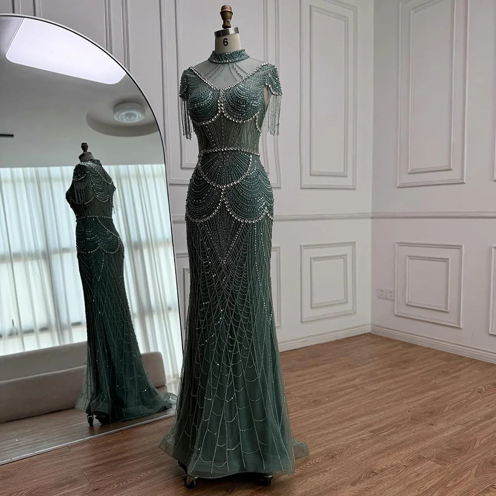 Luxury Turquoise High Neck Beaded Tassel Evening Dress for Women LA73112