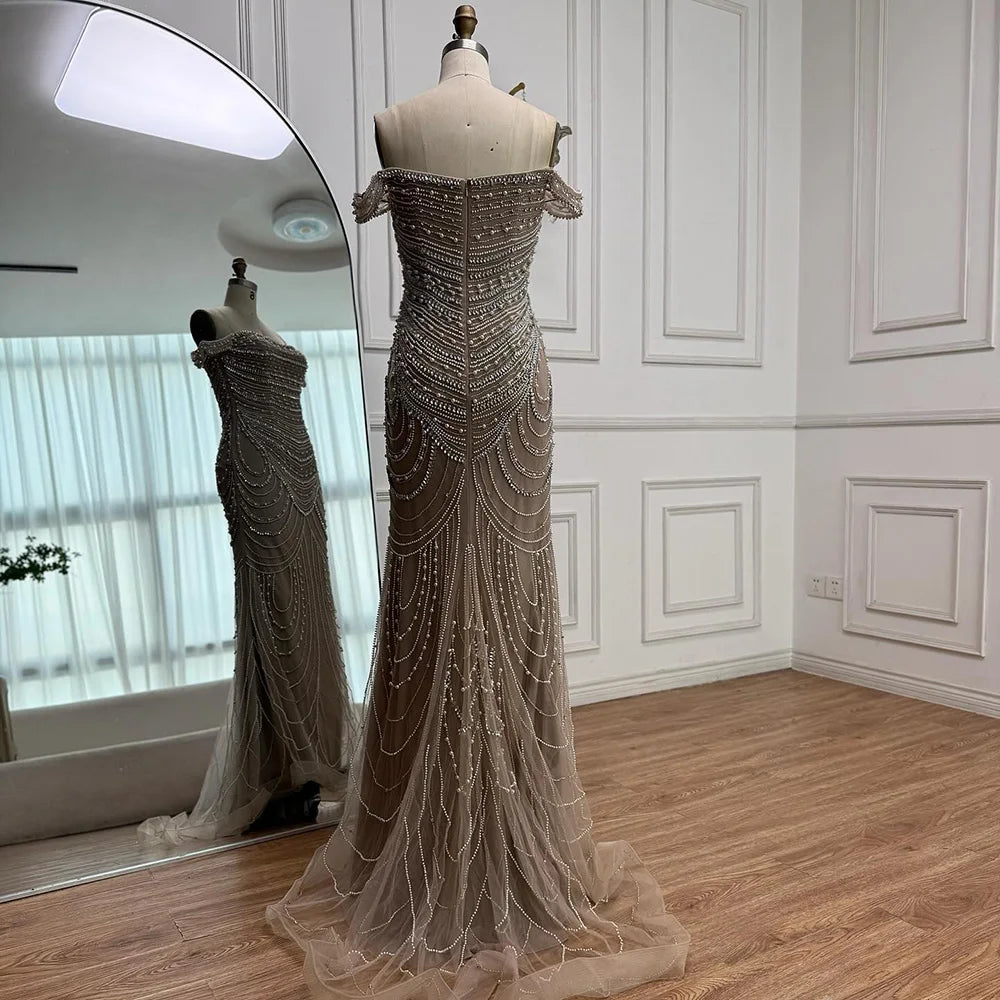 Arabic Caramel Off Shoulder Beaded Mermaid Evening Dress with Pearls LA72253C