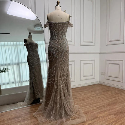 Arabic Caramel Off Shoulder Beaded Mermaid Evening Dress with Pearls LA72253C