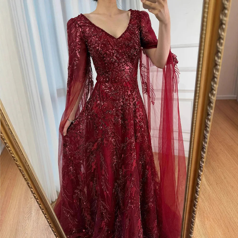 Luxury Wine Red A-Line Luxury Beaded Evening Dress with Cape LA73127
