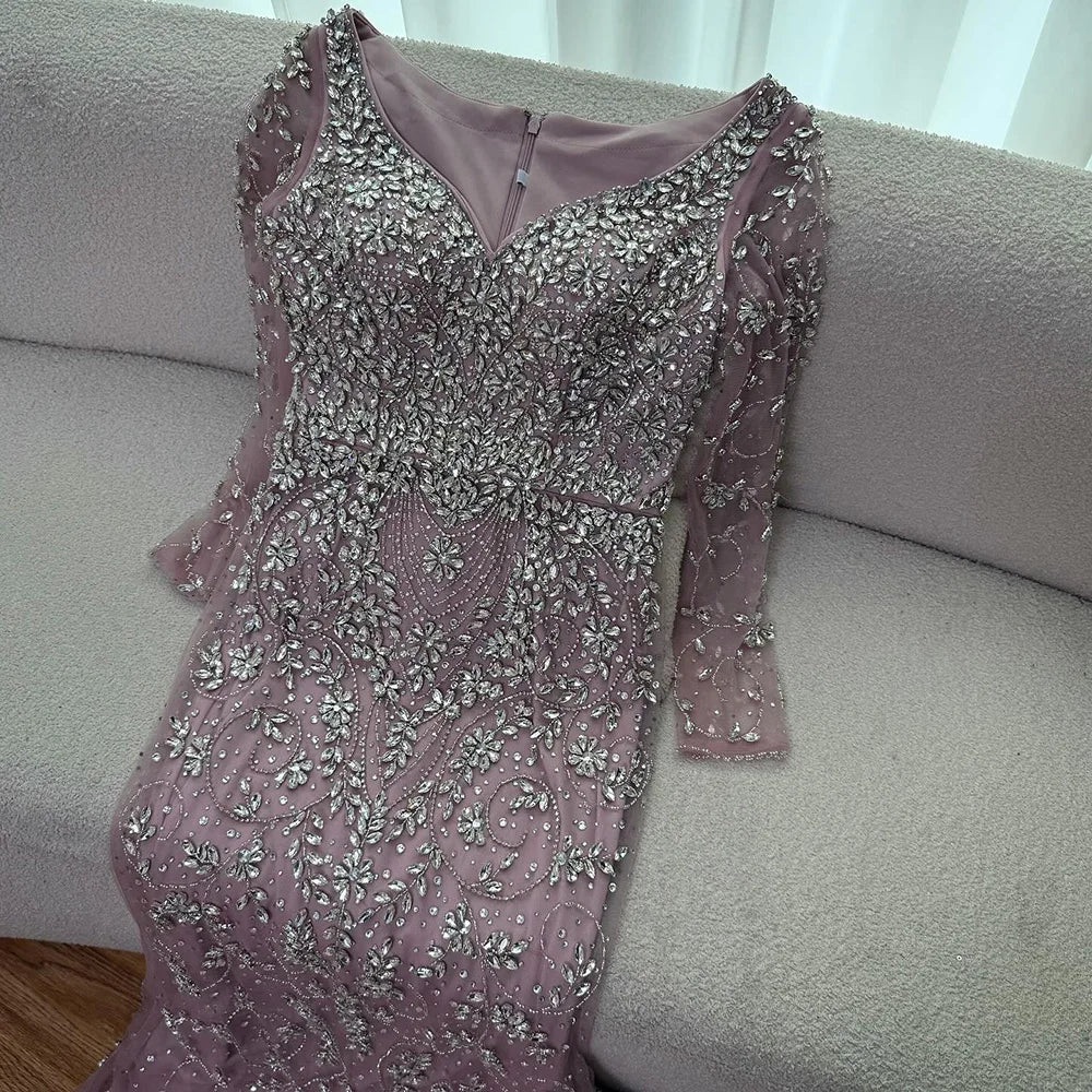 Luxury Nude Beaded Crystal Mermaid Evening Dress with Long Sleeves LA73042