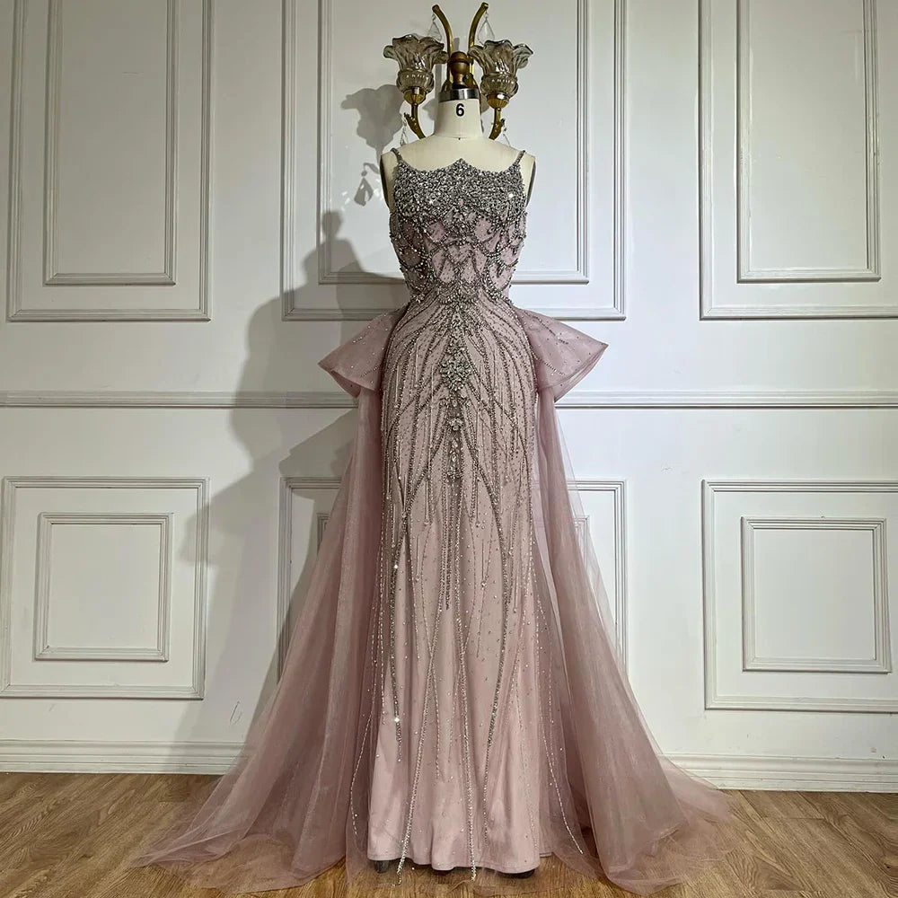 Luxury Dubai Nude Saudi Beaded Spaghetti Strap Evening Dress with Overskirt LA72810