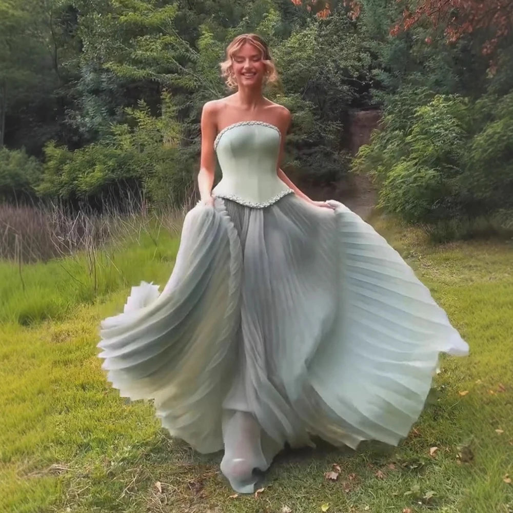 Luxury Sage Green A-Line Crystal Beaded Evening Dress LA73169A