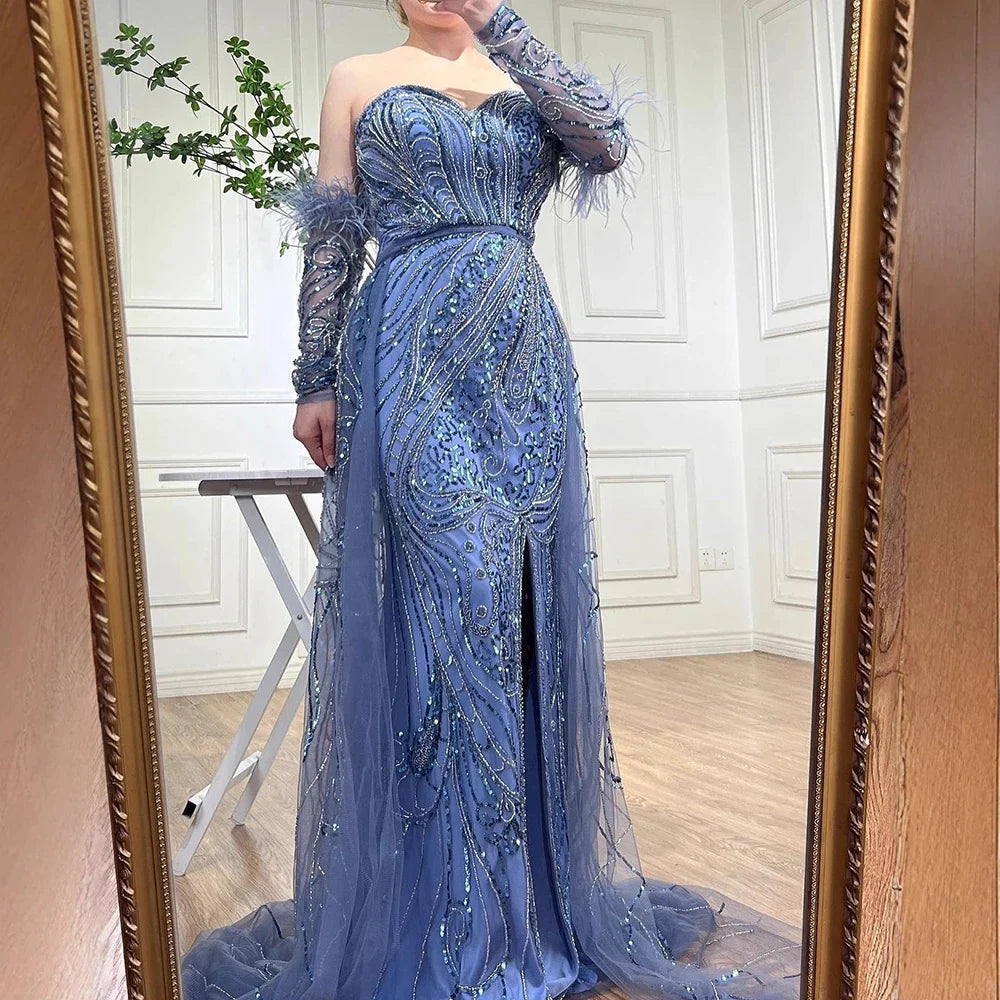 Luxury Arabic Nude Mermaid High Split Feather Beaded Evening Dress LA71910