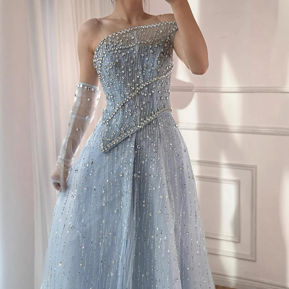 Luxury Nude Crystal Beaded A-Line Evening Dress with Split LA72949