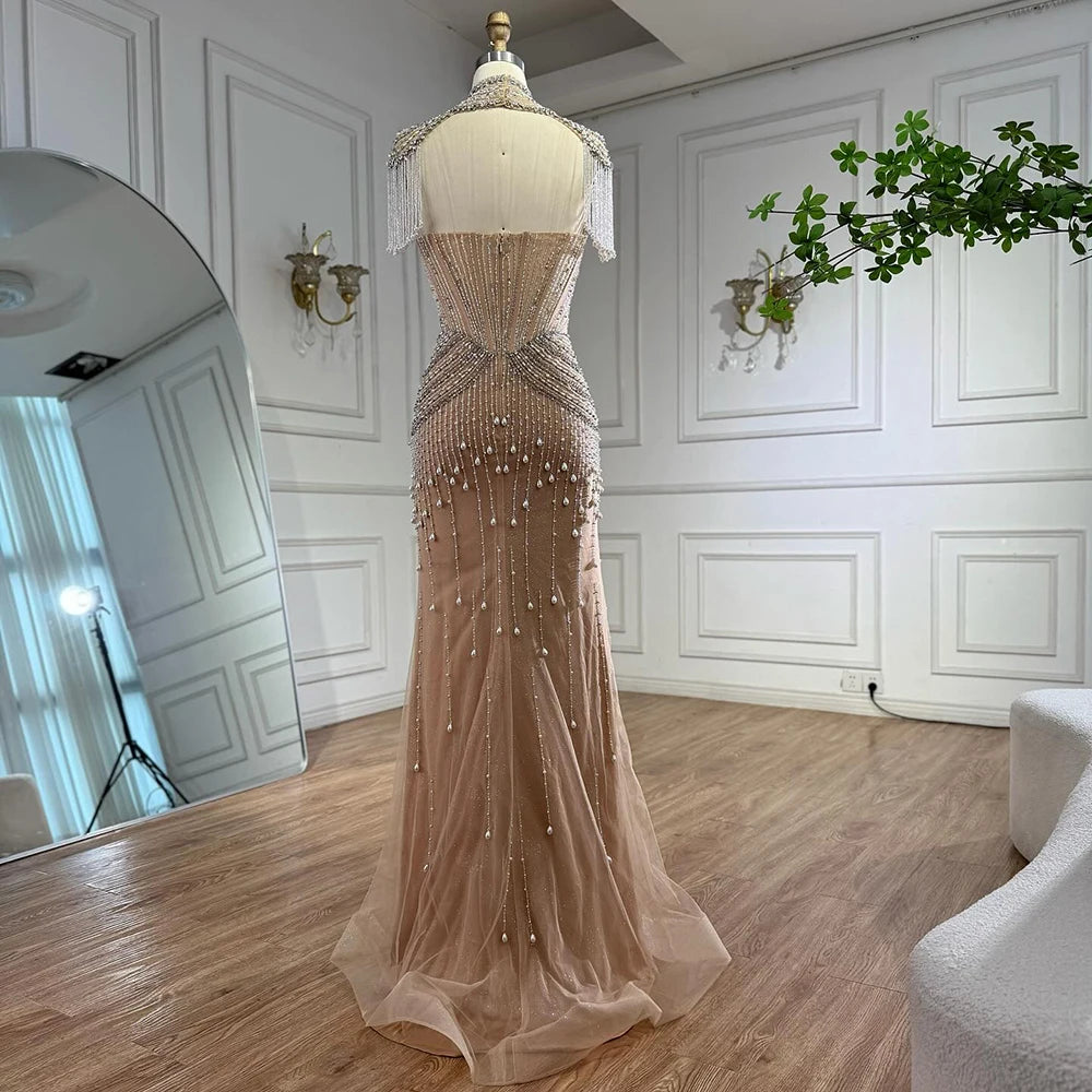 Luxury Nude Pearl Beaded Tassel Mermaid Evening Dress LA73183