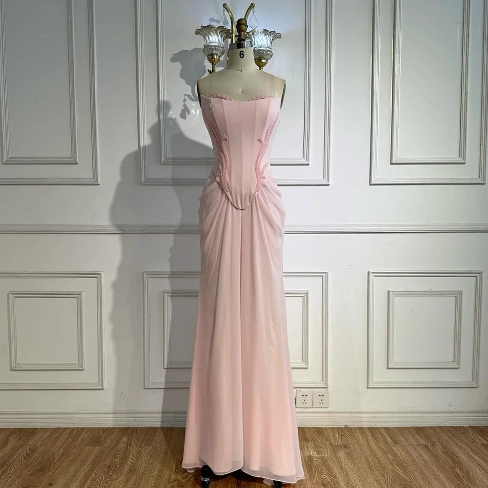Pink Strapless Draped Satin Evening Dress with Rose Neck LA72946