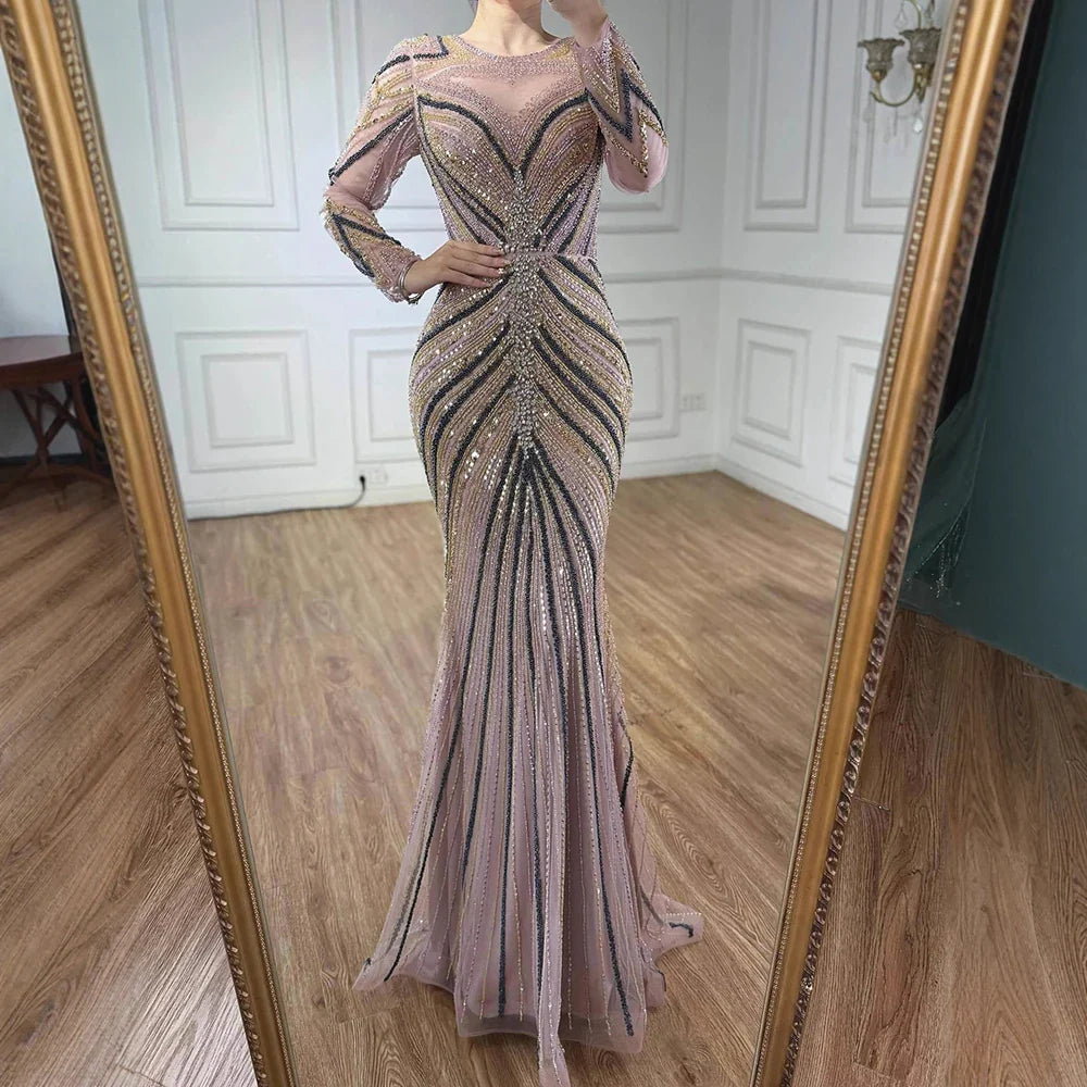 Luxury Pink Modest Dubai Mermaid  Evening  Dress  Long Sleeevs 2026 LA73213