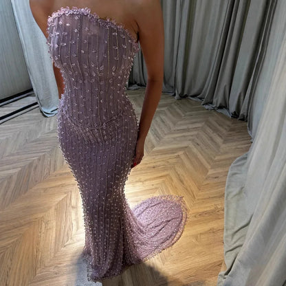 Elegant Crystal Beaded   Lilac Mermaid Evening Gown LA72950