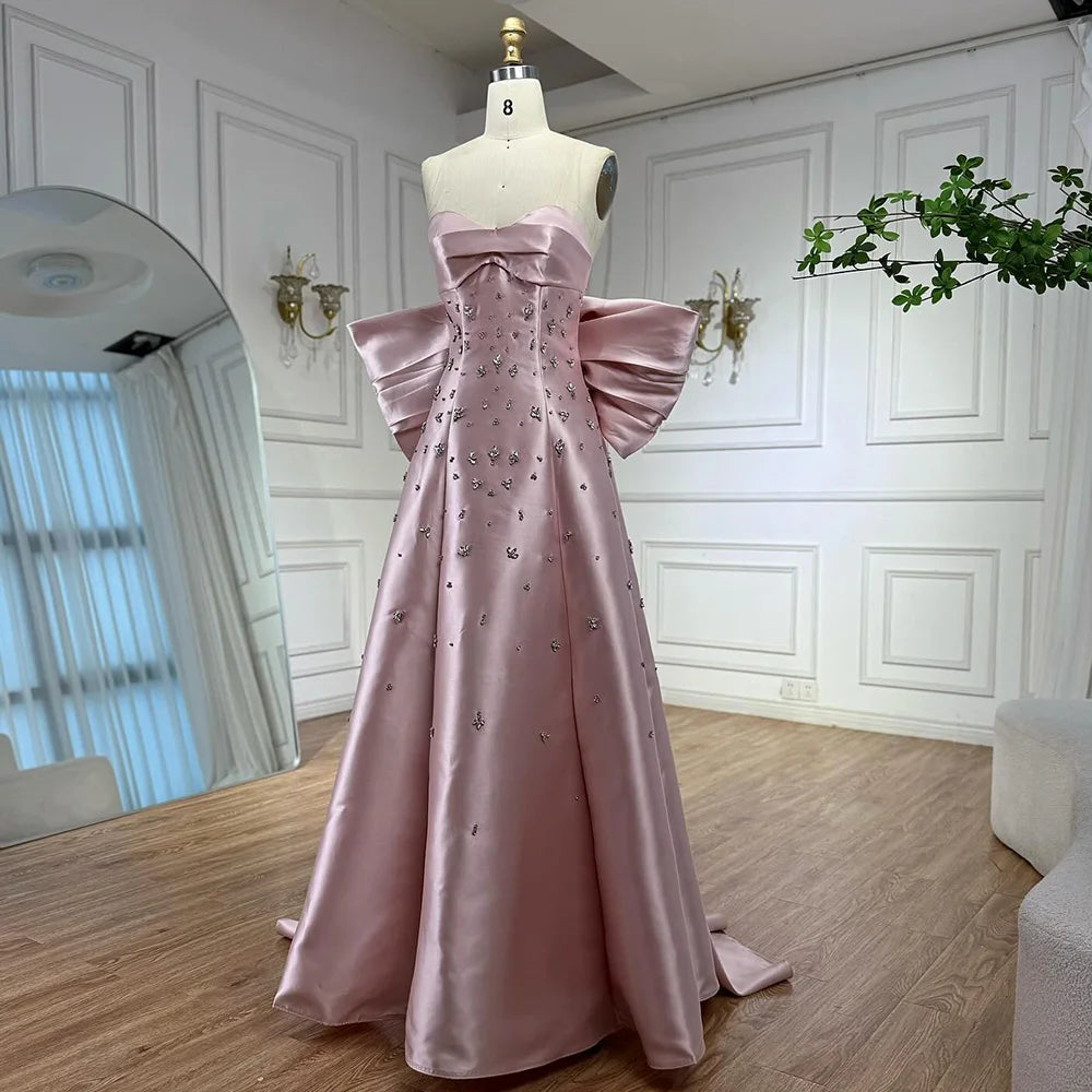 Pink Satin Strapless Mermaid Evening Dress with Big Bow LA72414B
