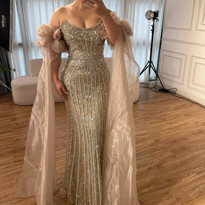 Arabic Pink Beaded Mermaid Evening Dress Puff Sleeves LA72569