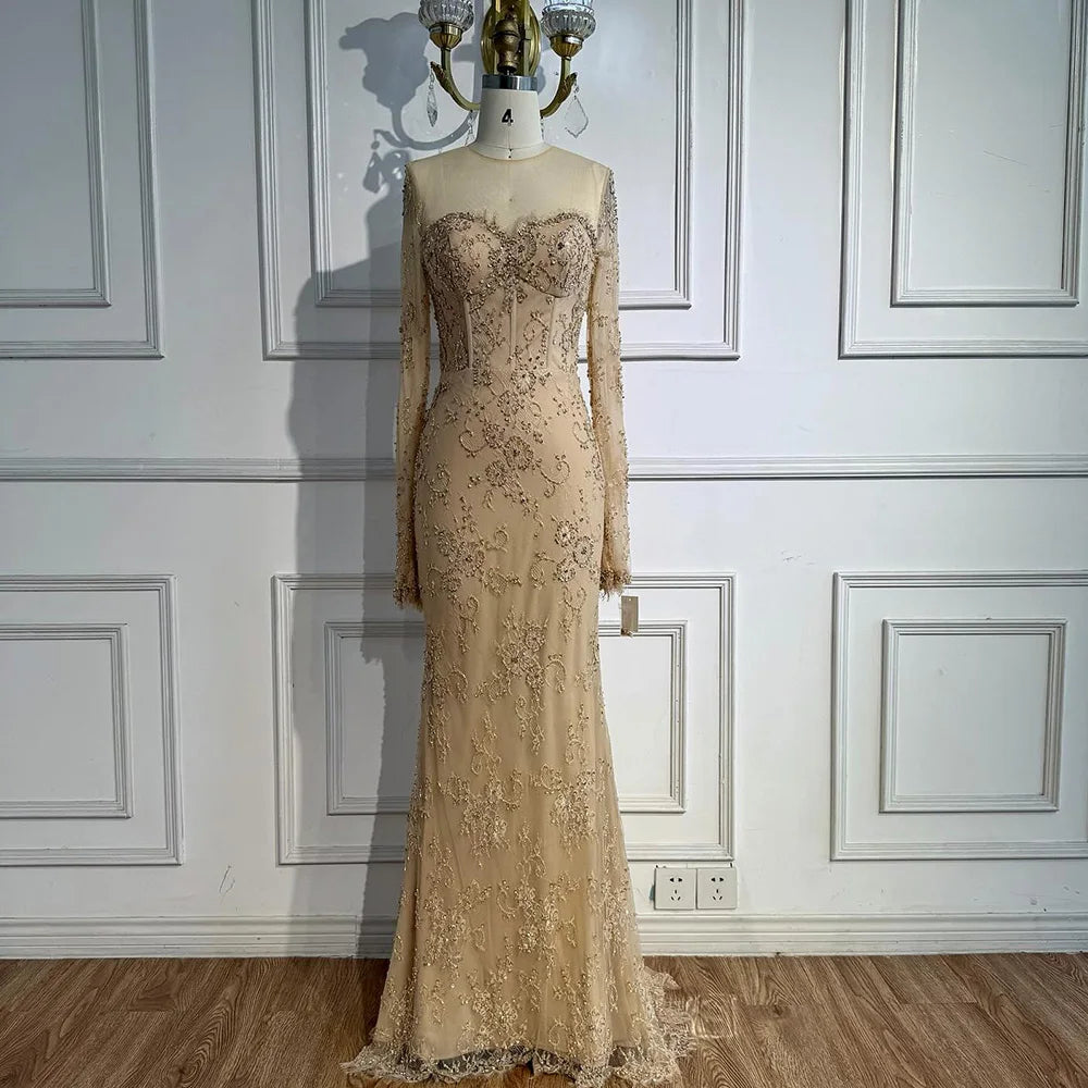 Luxury Arabic Lace Beaded Mermaid Evening Dress with Sleeves LA72545