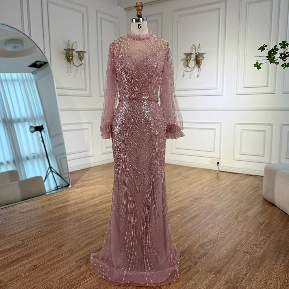 Modest Gray High Neck Mermaid Evening Dress with Long Sleeves LA71690A