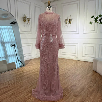 Modest Gray High Neck Mermaid Evening Dress with Long Sleeves LA71690A