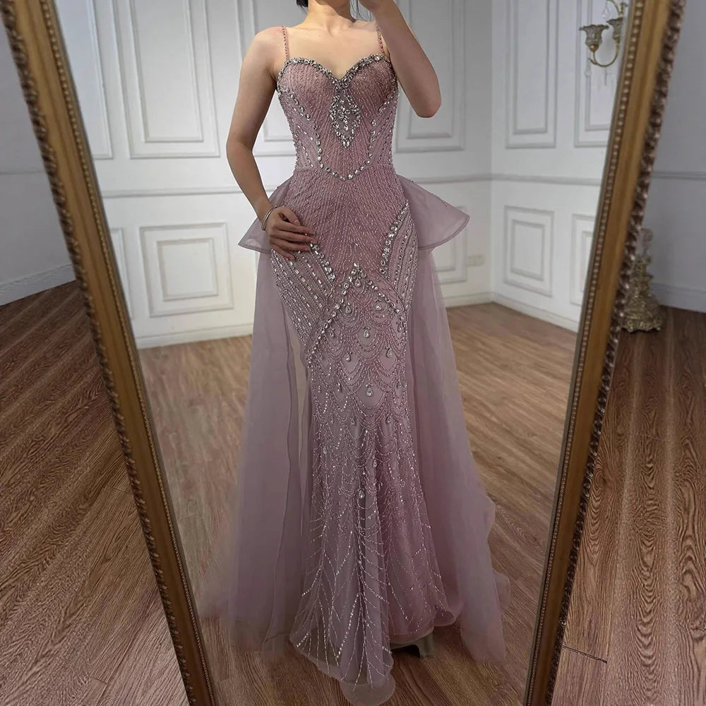 Luxury Pink Crystal Beaded Mermaid Evening Dress with Overskirt LA73143