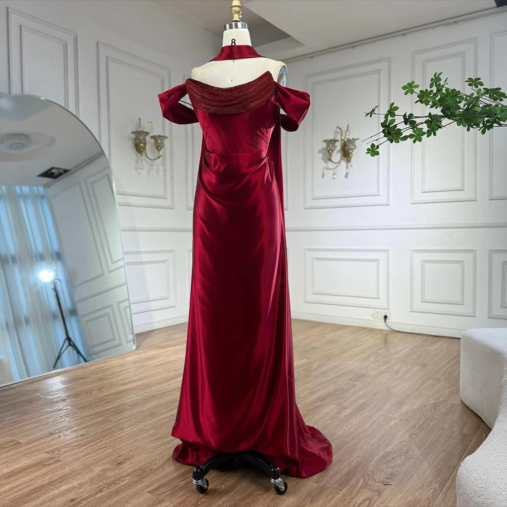 Luxury Wine Red Satin Evening Dress Elegant Gown LA73168