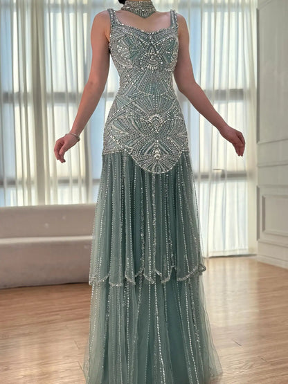 Luxury Turquoise Arabic Mermaid Beaded Evening Dress LA73189B