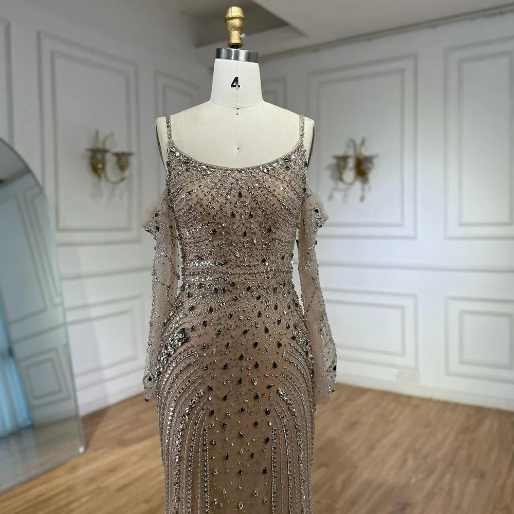 Luxury Nude Navy Blue Beaded Evening Dress with Long Sleeves LA73120