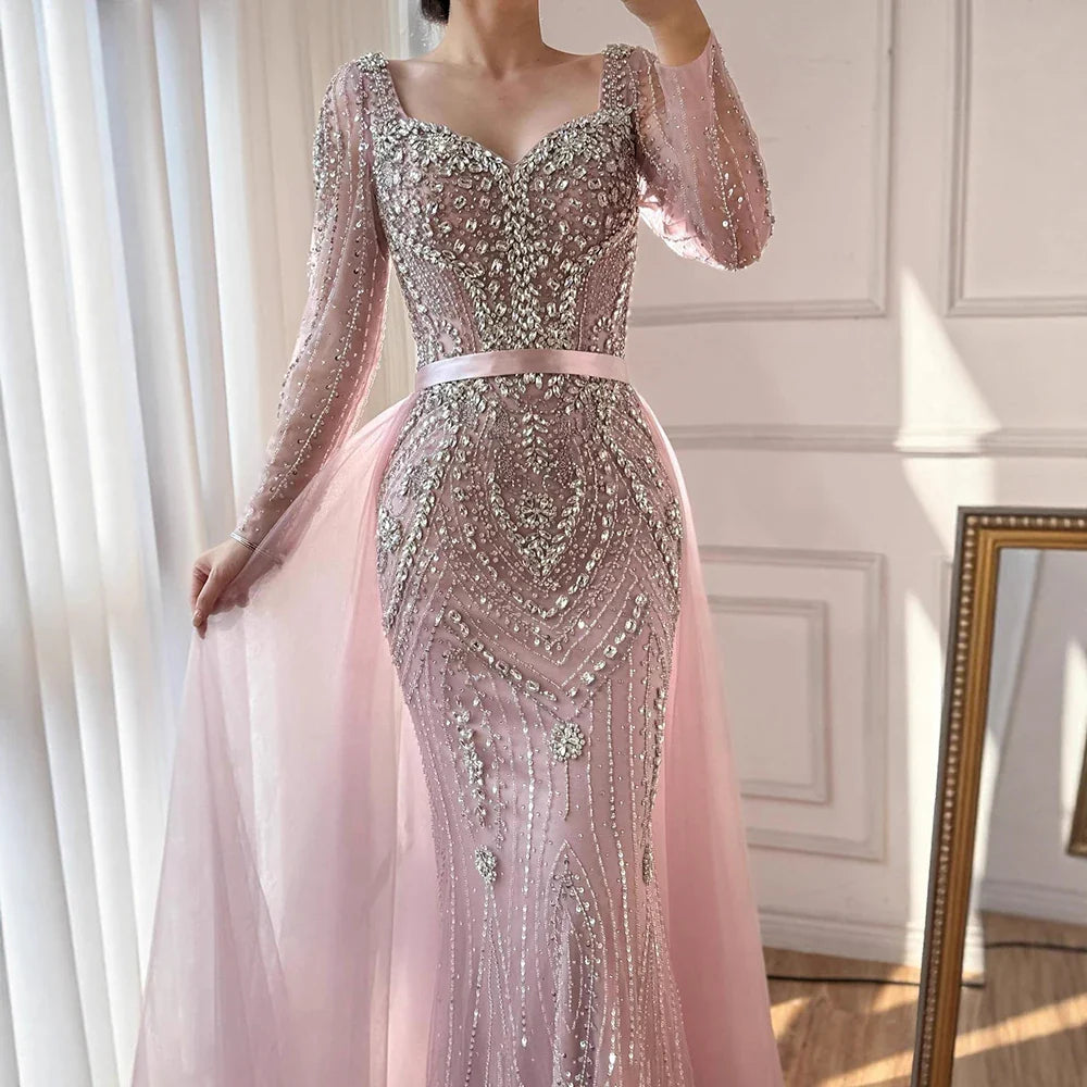 Luxury Nude Beaded Mermaid Evening Dress with Overskirt LA73190
