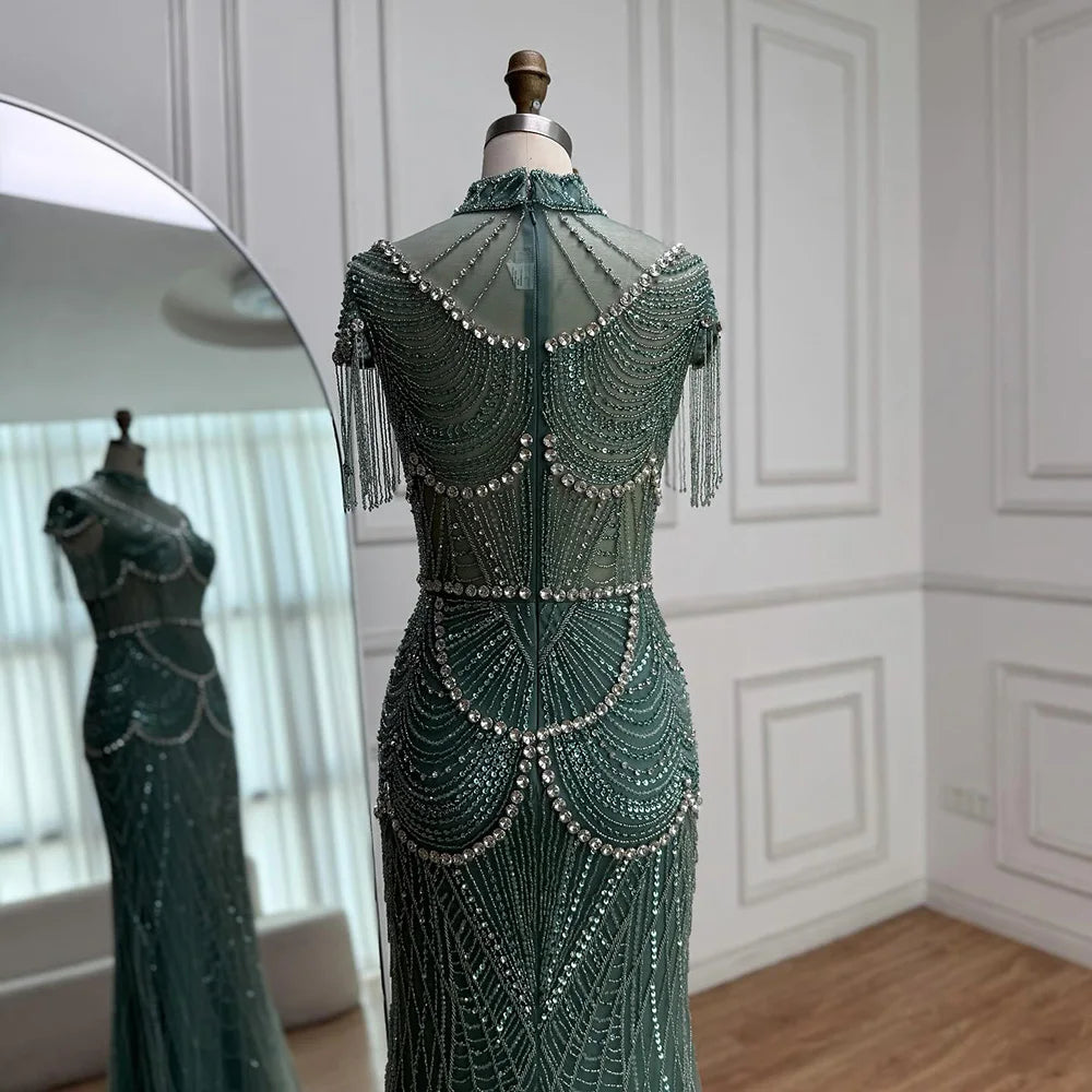 Luxury Turquoise High Neck Beaded Tassel Evening Dress for Women LA73112