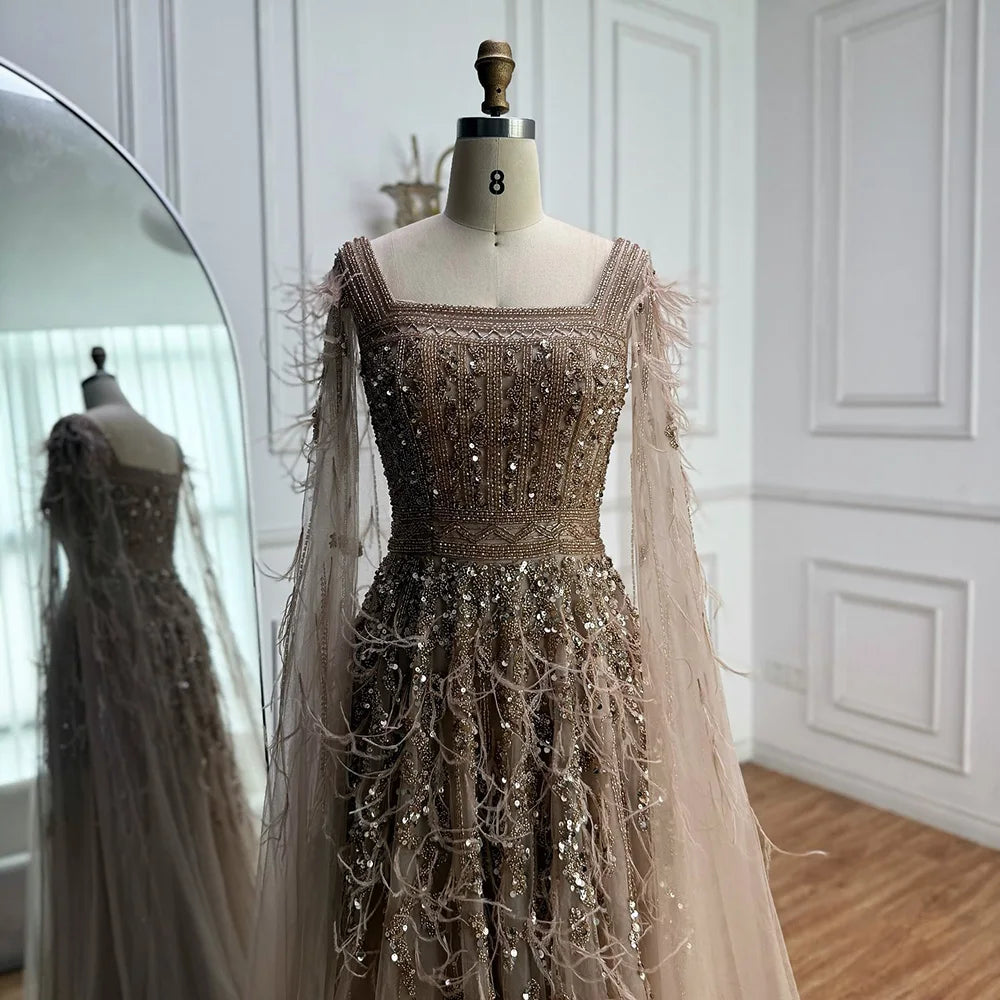 Elegant Blue Beaded Feather A-Line Evening Dress With Cape  LA73043