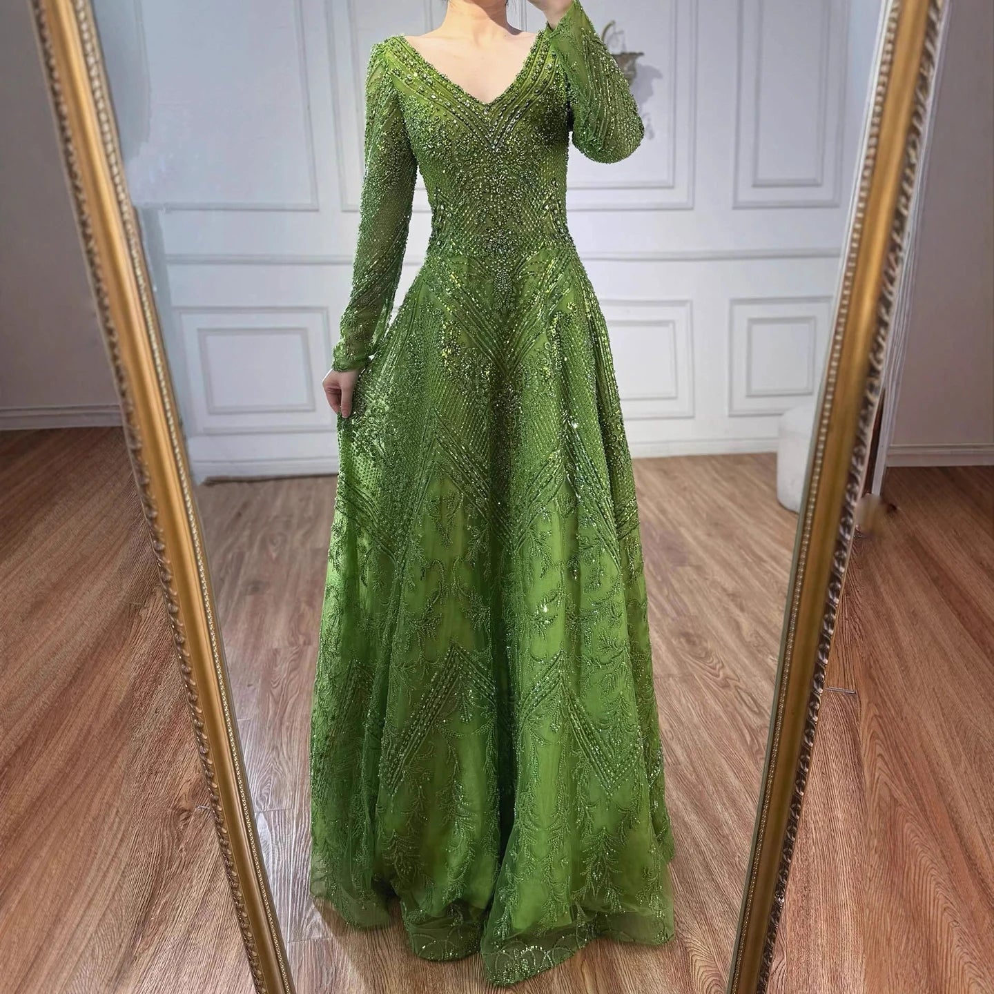 Luxury Lime Green Lace Beaded Long Sleeve Evening Dress LA73324