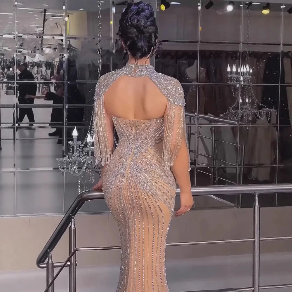 Nude Mermaid Evening Dress with Detachable High Neck Tassel LA72891A