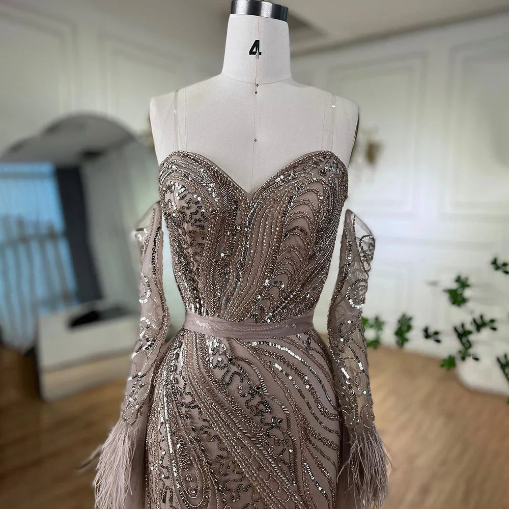 Luxury Arabic Nude Mermaid High Split Feather Beaded Evening Dress LA71910