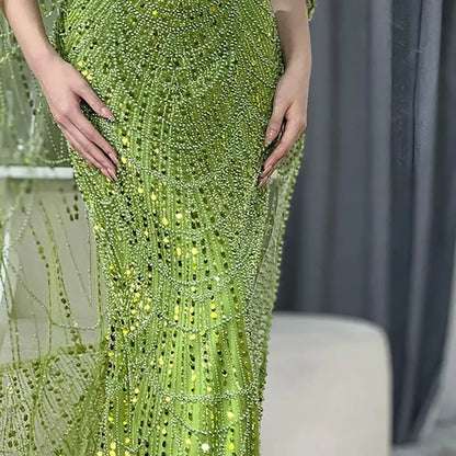 Luxury Blue Mermaid Evening Dress with Cape Sleeves Beaded Gown LA72160A