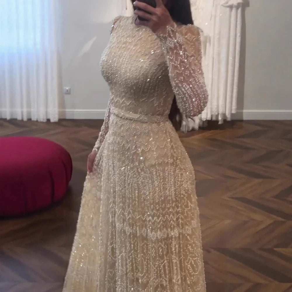 Luxury Nude A-Line Pearls Beaded Evening Dress LA73174