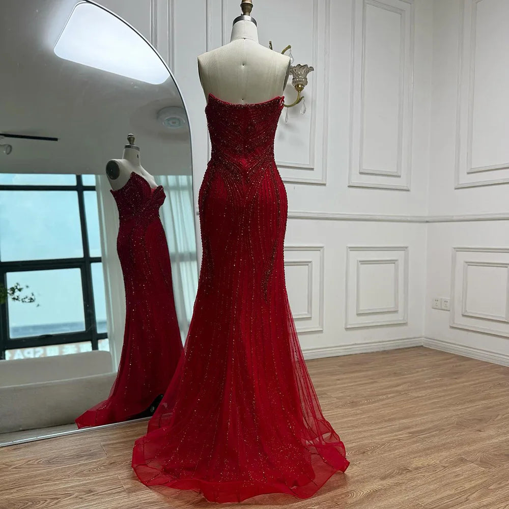 Luxury Red Strapless Mermaid Evening Dress with Cape LA72896