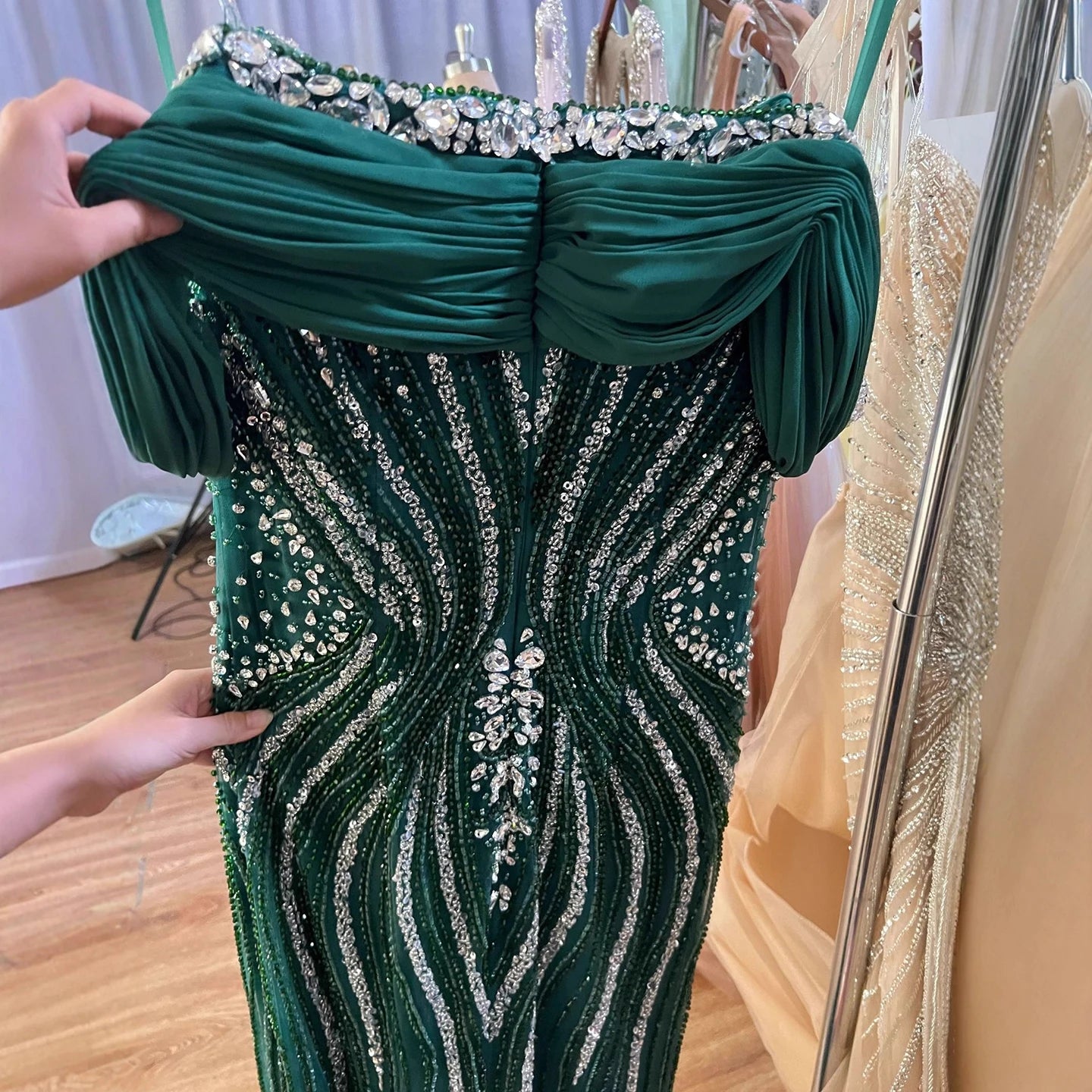 Luxury Gold Crystal Beaded Mermaid Evening Dress LA73142