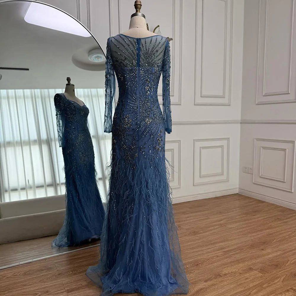 Arabic Blue Feather Beaded Mermaid Evening Dress for Women LA71818