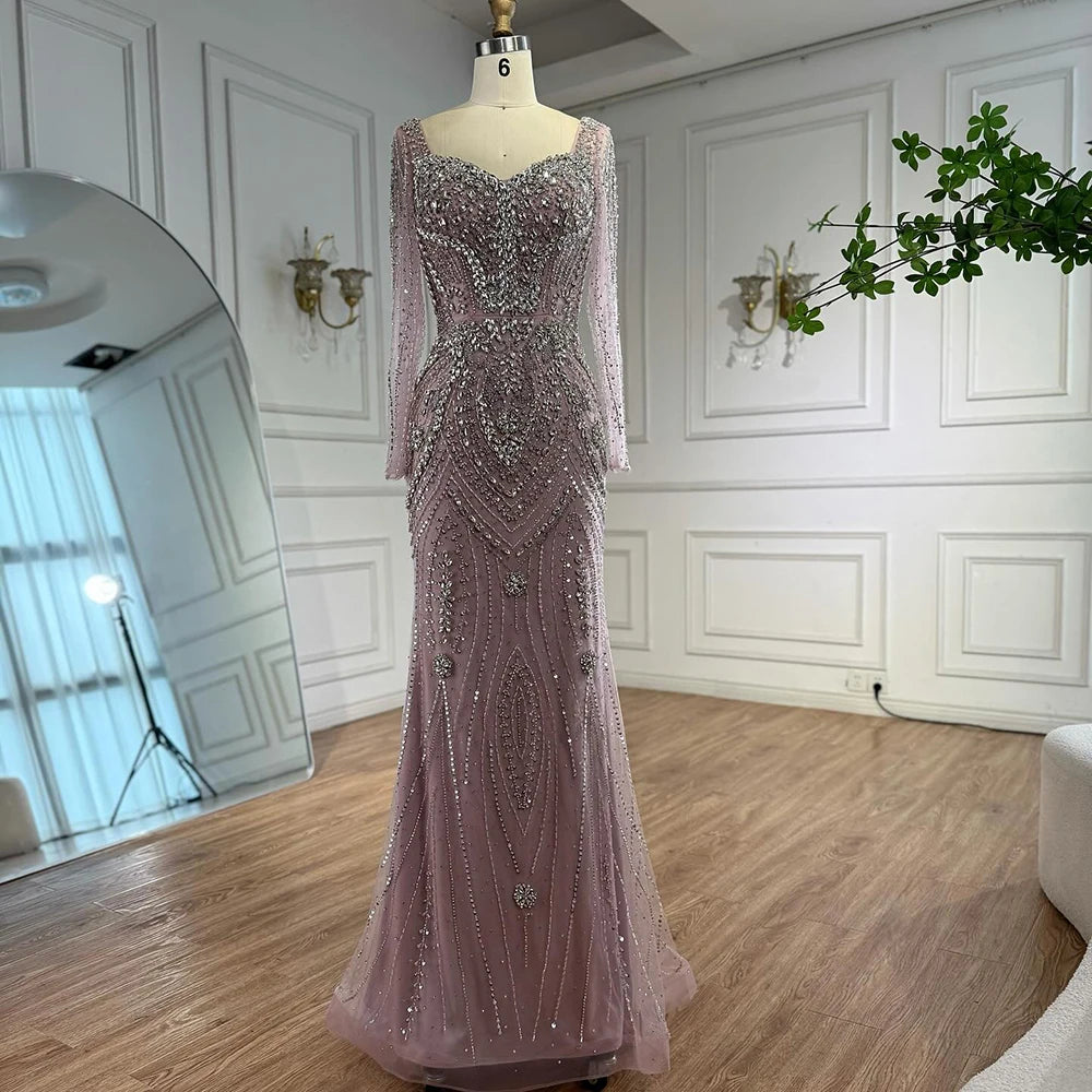 Luxury Nude Beaded Mermaid Evening Dress with Overskirt LA73190