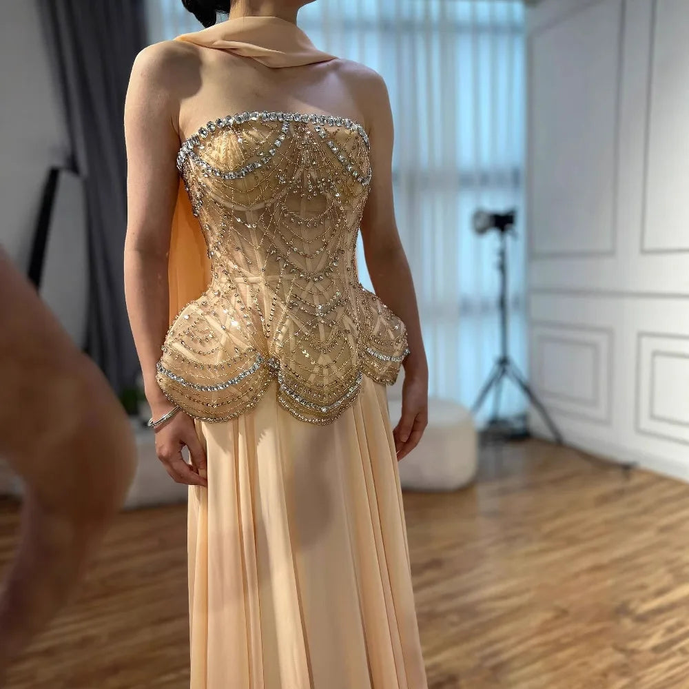 Luxury Designer Nude Beaded Chiffon Evening Dress Wedding LA72915
