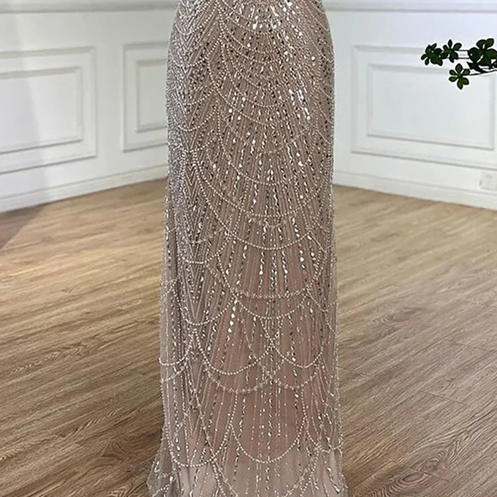 Luxury Blue Mermaid Evening Dress with Cape Sleeves Beaded Gown LA72160A
