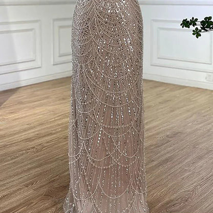 Luxury Blue Mermaid Evening Dress with Cape Sleeves Beaded Gown LA72160A