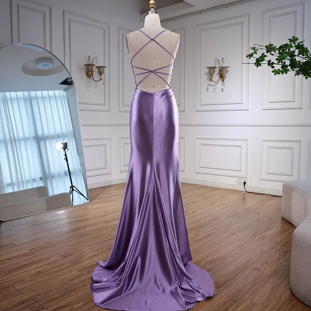 Luxury Purple Satin Prom Dress with Slit and Lace Appliques LA73040