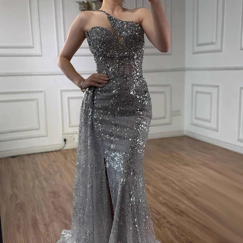Luxury Silver Gray Crystal Beaded One Shoulder Evening Dress with Overskirt LA73160
