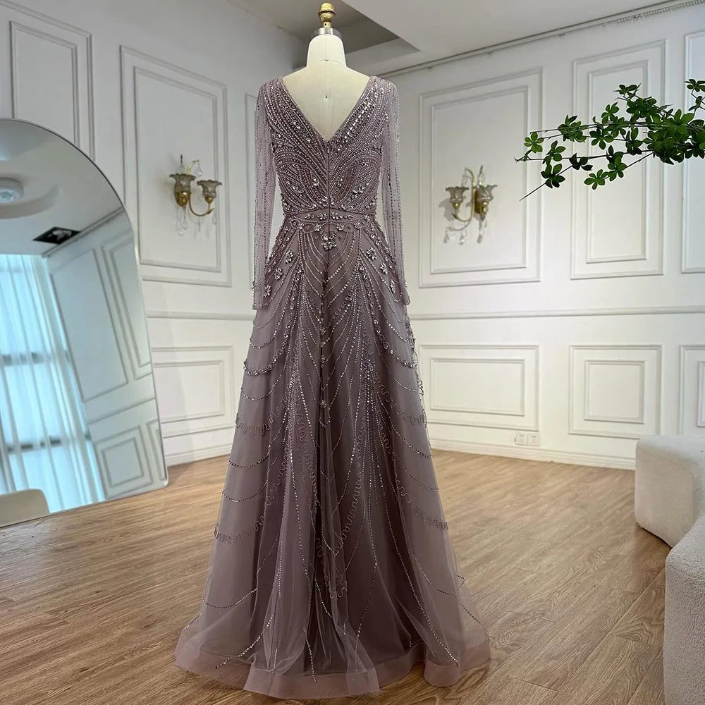 Luxury Pink Beaded A-Line Evening Dress 2025 with V Neck & Long Sleeves LA73114