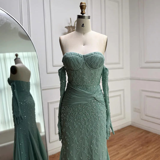 Luxury Turquoise Strapless Beaded Mermaid Evening Dress with Gloves LA72933