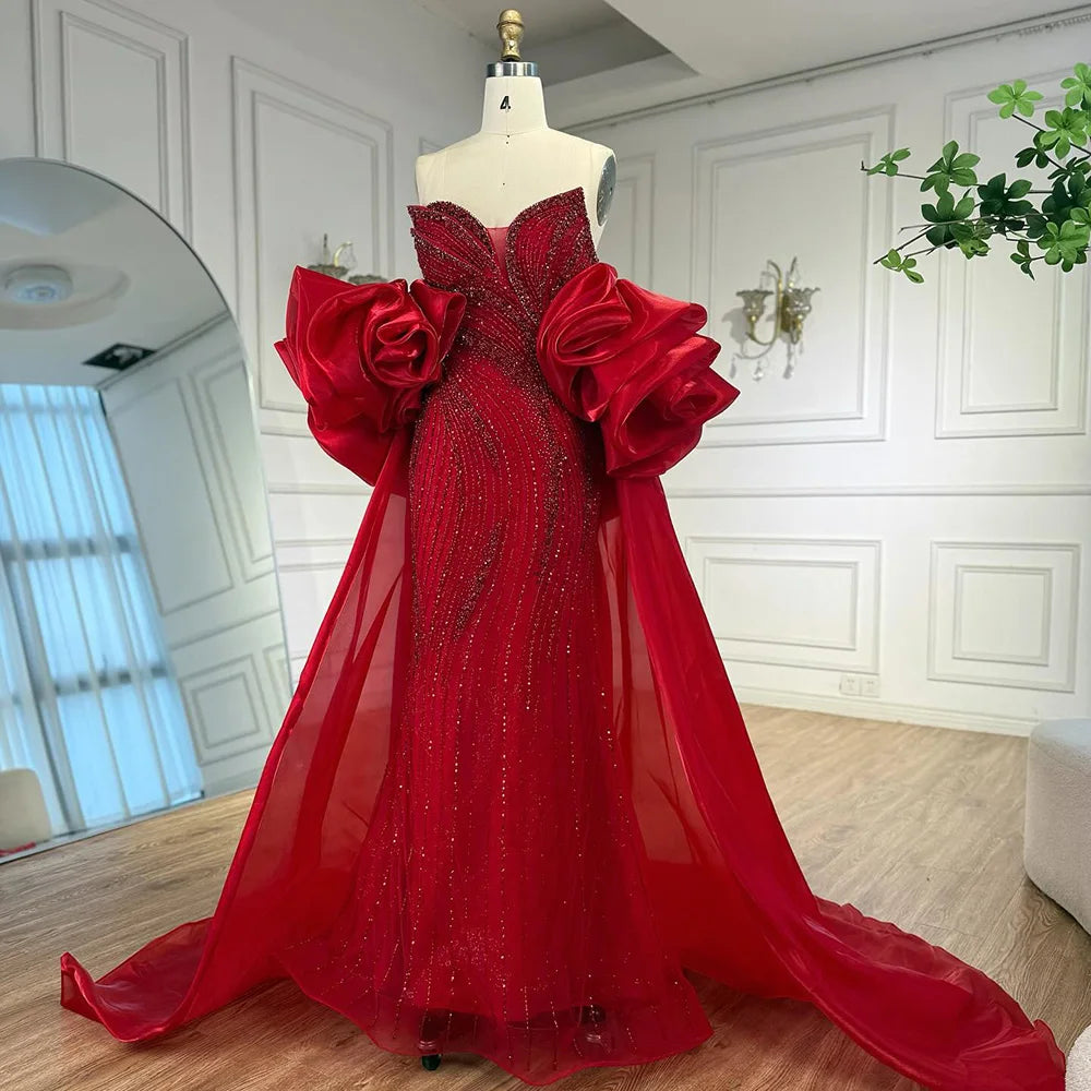 Luxury Red Strapless Mermaid Evening Dress with Cape LA72896