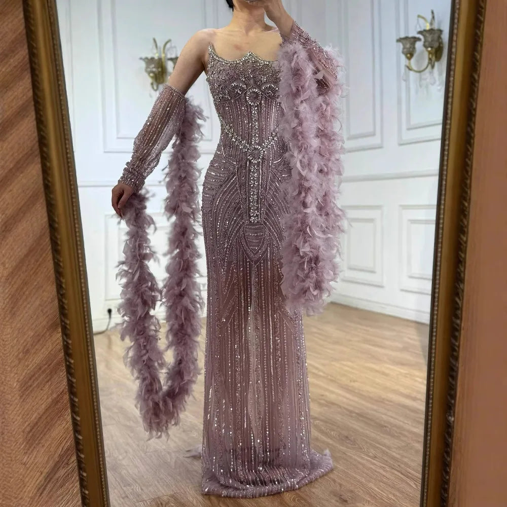 Luxury Caramel Beaded Mermaid Evening Dress with Feather Sleeves LA73055