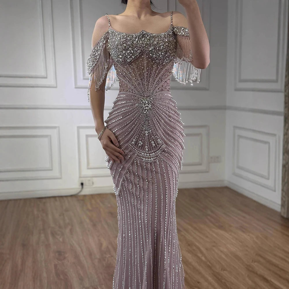 Luxury Sage Green Pearls Beaded Mermaid Evening Dress Off Shoulder LA73148
