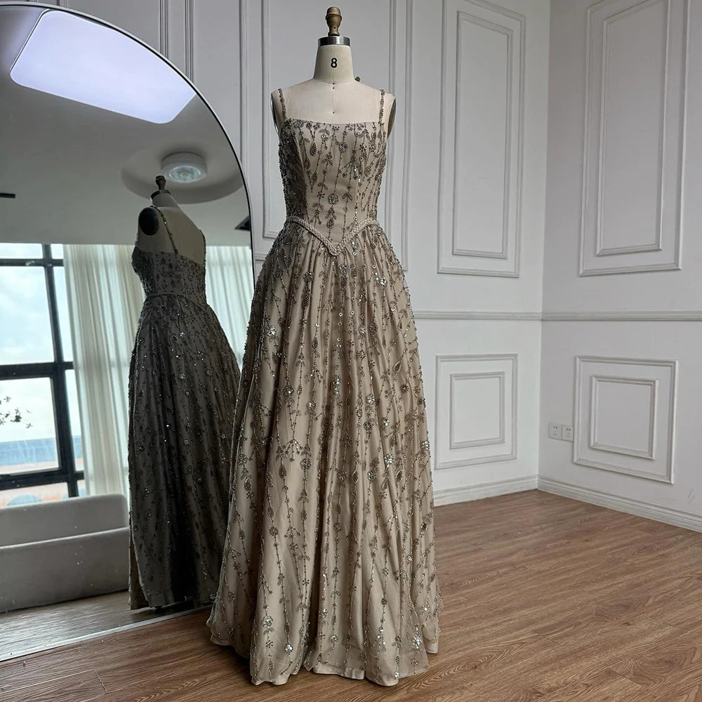 Luxury Sage Green Beaded A Line Spaghetti Strap Evening Dresses Gown LA72805