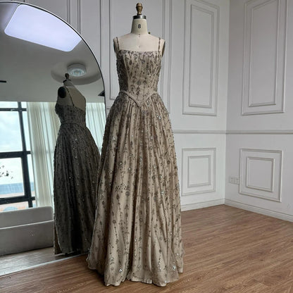 Luxury Sage Green Beaded A Line Spaghetti Strap Evening Dresses Gown LA72805