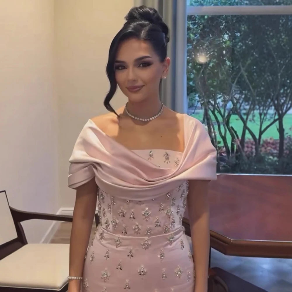 Luxury Baby Pink Off Shoulder Evening Dress for Women Party LA72414