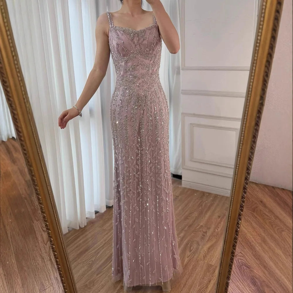 Luxury Arabic Blue Spaghetti Strap Mermaid Evening Dress Beaded LA72725