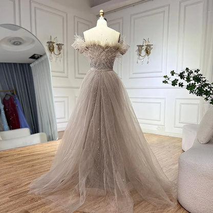 Luxury Dubai Saudi Arabic Beaded Caramel Mermaid Elegant Evening Dresses Gowns with Overskirt LA71634A